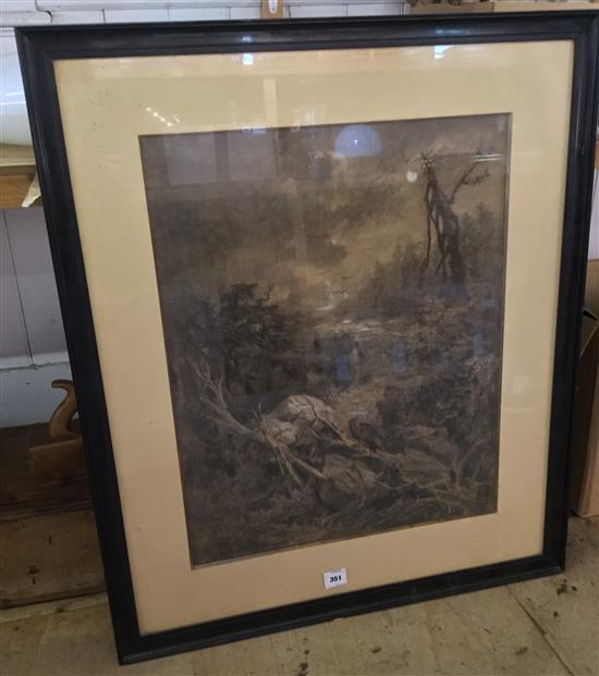 Victorian School, charcoal and pastels, Eagle in a landscape